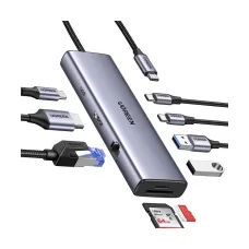 UGREEN CM498 (15375) Type-C Male to HDMI, Dual USB, LAN, SD, TF & Tri Type-C Female Gray Multiport Converter #15375